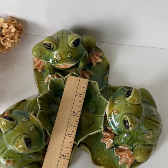 Vintage Ceramic Frog Trio Candy Dish/Trinket Holder Green 7" Wide Collectible Ho - Picture 5 of 7